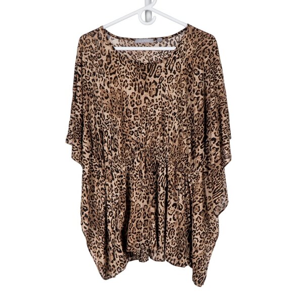 NY Collection Tops - NY Collection Leopard Print Shirt S Womens Brown Flutter Sleeve Smocking Stitch